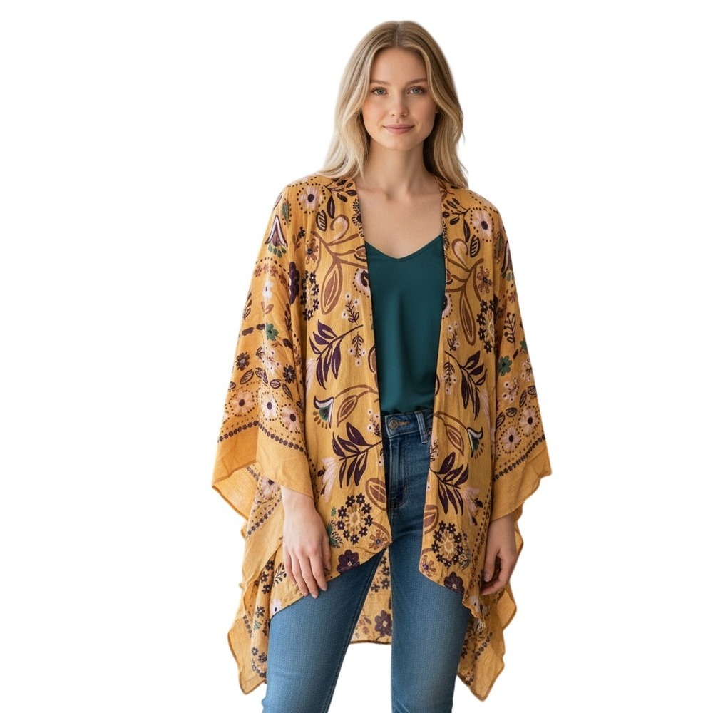 Easel Floral Kimono Wrap Mustard Yellow Boho Open Front Coverup EO16142 Medium
